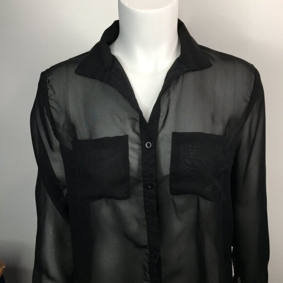 Ecko Unltd Black Button Down Open Back Sheer Blouse Top Size S - Picture 2 of 10